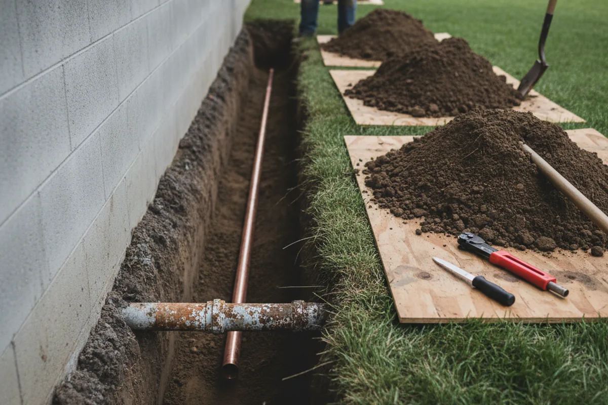 Excavated water line trench during Water Heater Repair in Astoria